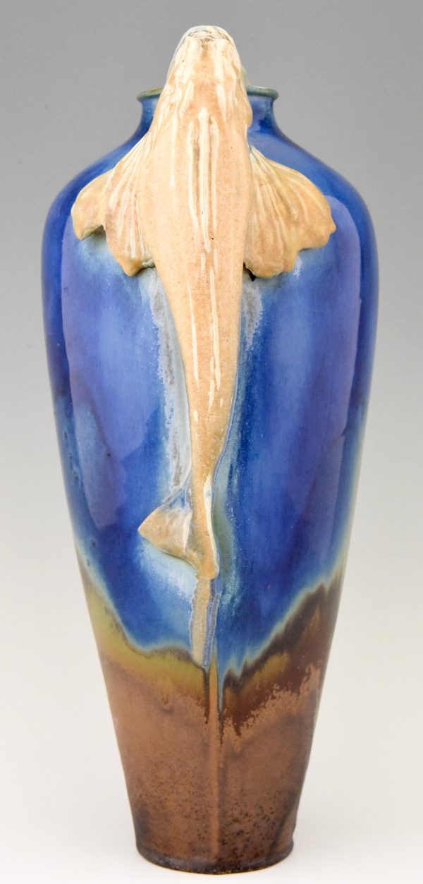 Art Deco vase ceramique blue aux poissons