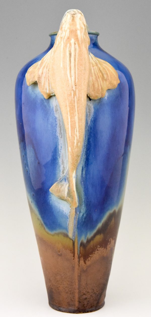 Art Deco blue ceramic vase with fish handles