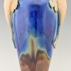 Art Deco blue ceramic vase with fish handles