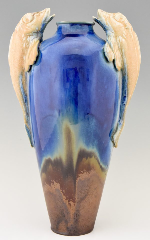 Art Deco blue ceramic vase with fish handles