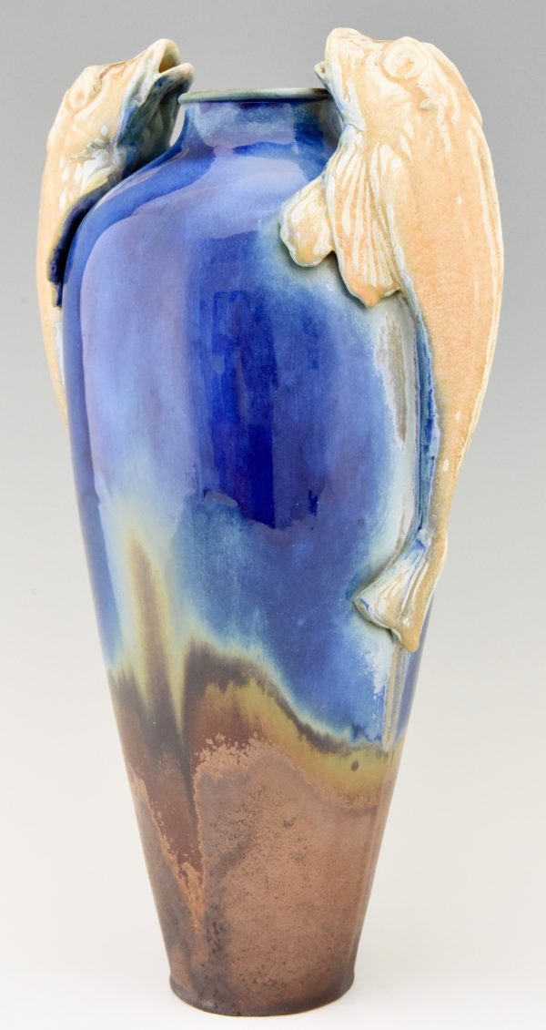 Art Deco blue ceramic vase with fish handles