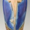 Art Deco blue ceramic vase with fish handles