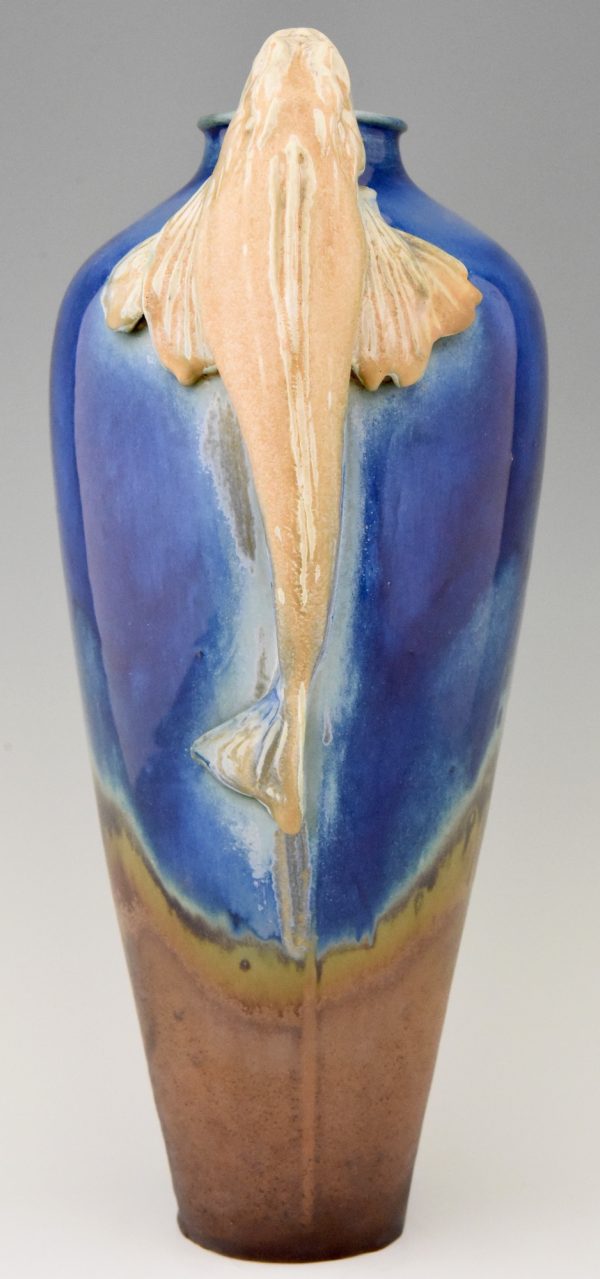 Art Deco blue ceramic vase with fish handles