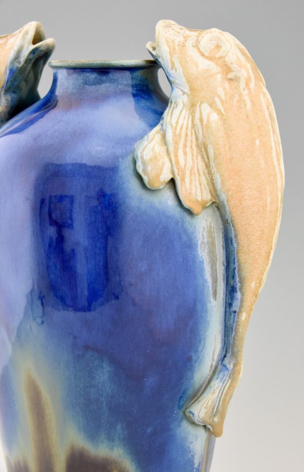Art Deco blue ceramic vase with fish handles