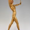 Art Deco gilt bronze sculpture of a nude with two swords.