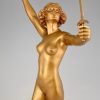 Art Deco gilt bronze sculpture of a nude with two swords.