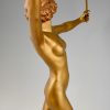 Art Deco gilt bronze sculpture of a nude with two swords.