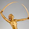 Art Deco gilt bronze sculpture of a nude with two swords.