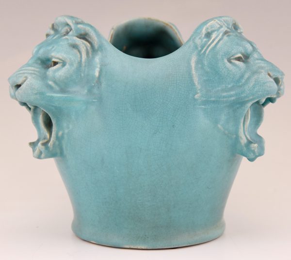 Art Deco ceramic vase with 3 lion heads