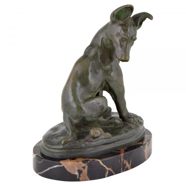 Art Deco bronze sculpture of a puppy staring at a snail.