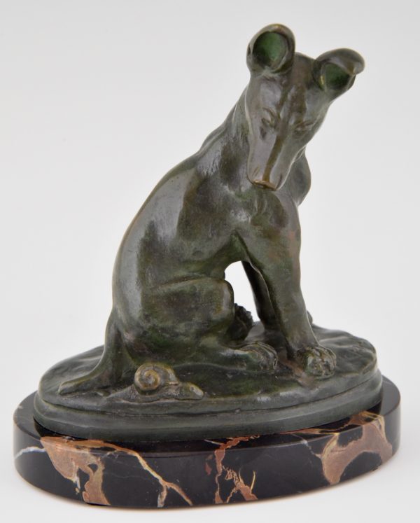 Art Deco bronze sculpture of a puppy staring at a snail.