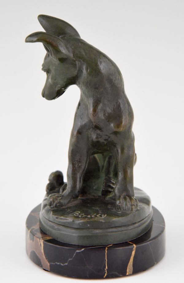 Art Deco bronze sculpture of a puppy staring at a snail.