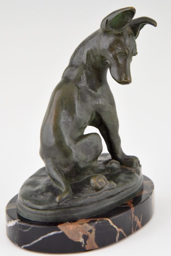 Art Deco bronze sculpture of a puppy staring at a snail.