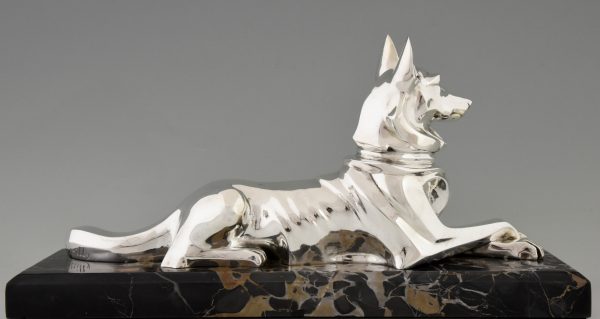 Sculpture bronze argenté Art Deco chien berger
