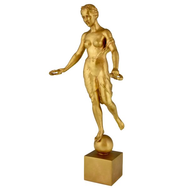 Art Deco Skulptur Bronze Frauenakt met Lorbeerkränze