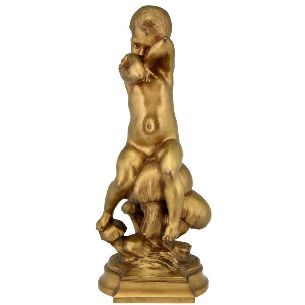 Art Nouveau bronzen sculptuur jongen op een paddestoel