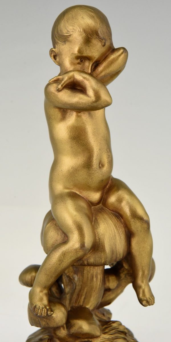 Art Nouveau gilt bronze sculpture boy on a mushroom