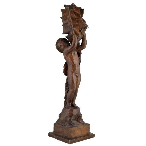 Art Deco bronzen beeld naakte jongen met boot