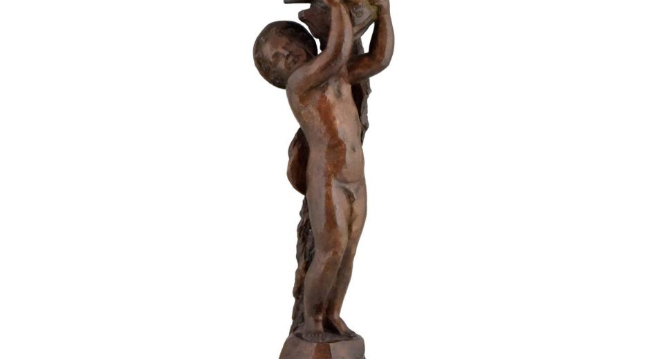 Art Deco bronzen beeld naakte jongen met boot