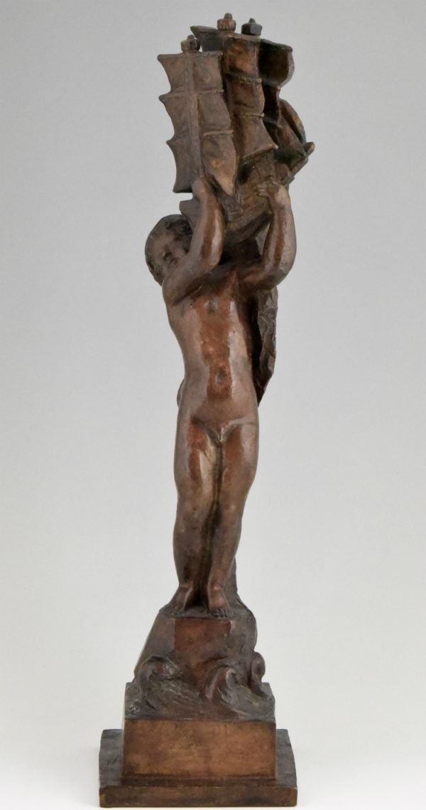 Art Deco bronze sculpture nude boy with boat.