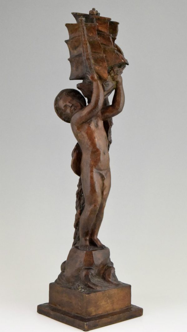 Art Deco bronze sculpture nude boy with boat.