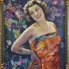 Art Deco oil painting lady in the garden with flowers