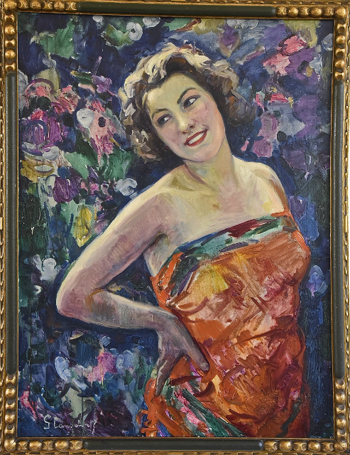 Art Deco oil painting lady in the garden with flowers