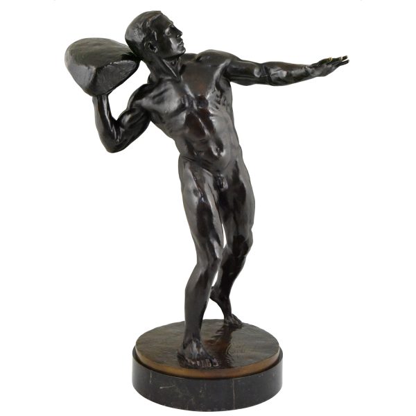 Antique bronze sculpture male nude with stone