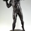 Antike Bronze Figur Steinwerfer, Männlicher Akt mit Stein