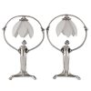 Pair of silvered Art Nouveau lamps with ladies