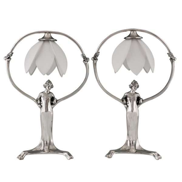 Pair of silvered Art Nouveau lamps with ladies