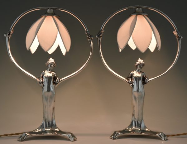 Pair of silvered Art Nouveau lamps with ladies