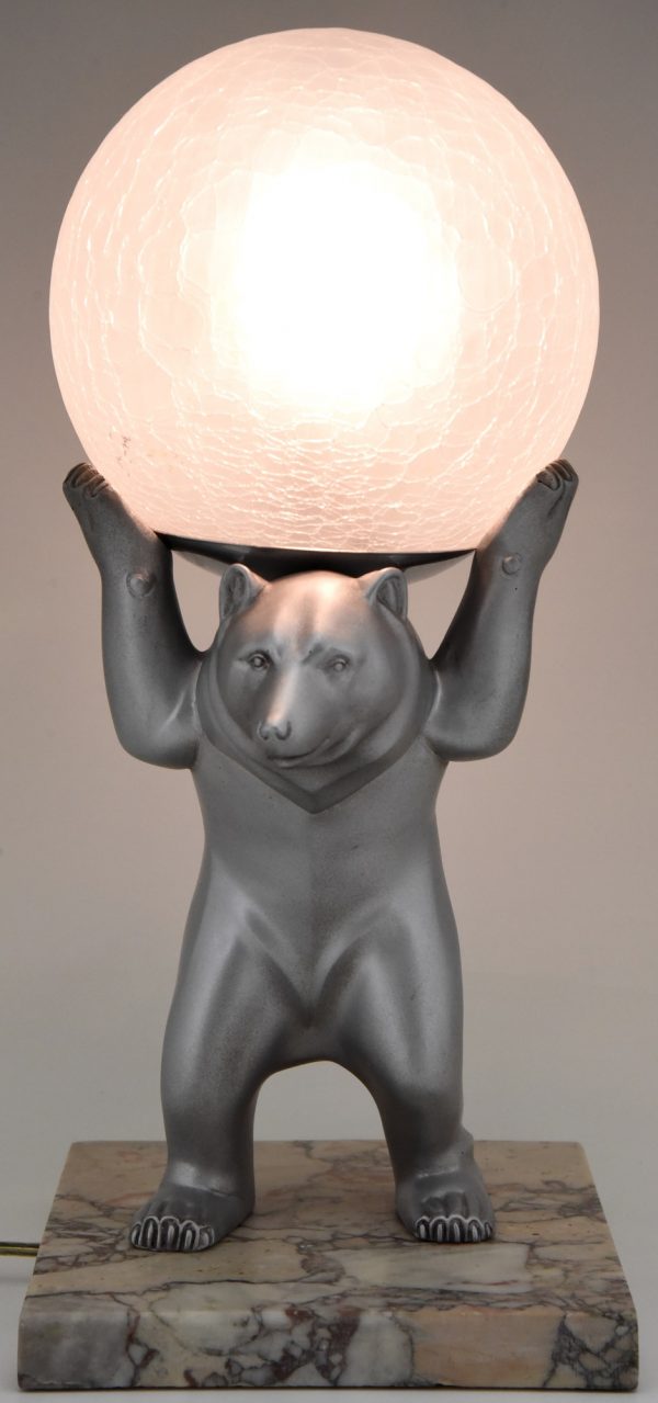 Art Deco bear lamp with crackle glass globe