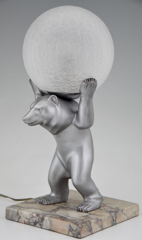 Art Deco bear lamp with crackle glass globe