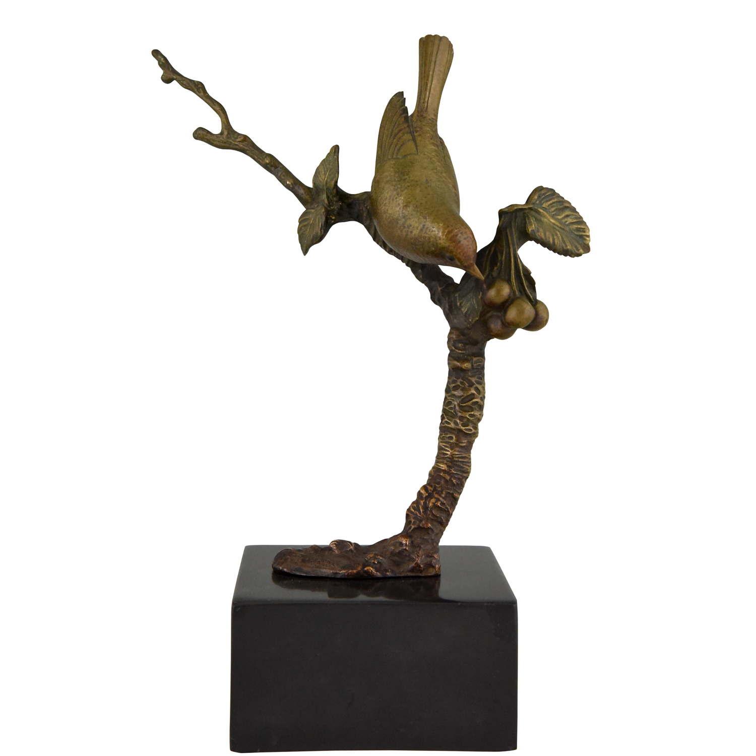 Art Deco bronze sculpture bird on a branch with berries