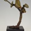 Art Deco bronze sculpture bird on a branch with berries