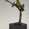 Art Deco bronze sculpture bird on a branch with berries