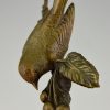 Art Deco bronze sculpture bird on a branch with berries