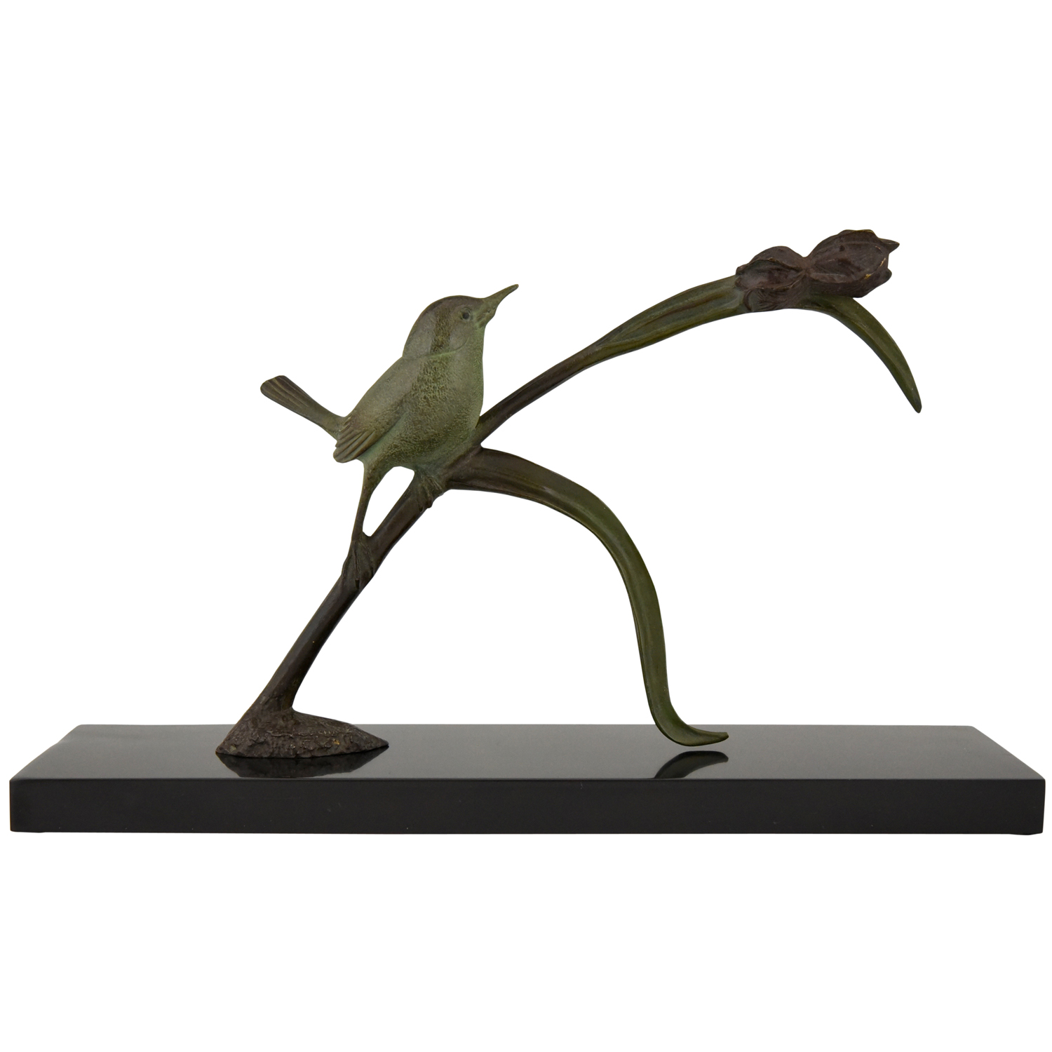 Art Deco bronze sculpture bird on an iris
