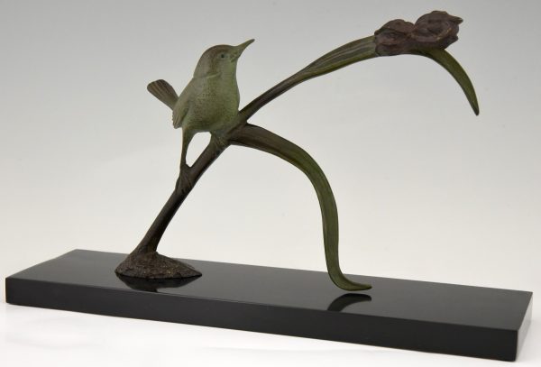 Art Deco bronze sculpture bird on an iris