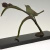 Art Deco bronze sculpture bird on an iris