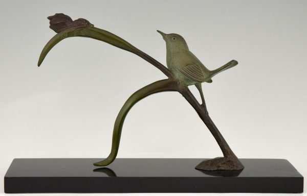 Art Deco bronze sculpture bird on an iris