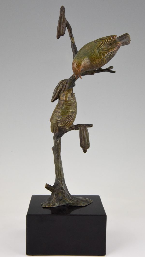 Sculpture en bronze Art Deco deux oiseaux sur une branche