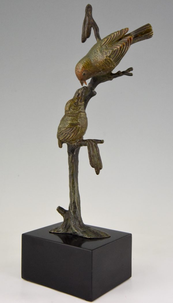 Art Deco bronzen sculptuur twee vogels op tak