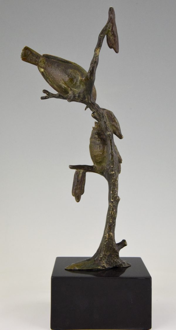 Sculpture en bronze Art Deco deux oiseaux sur une branche