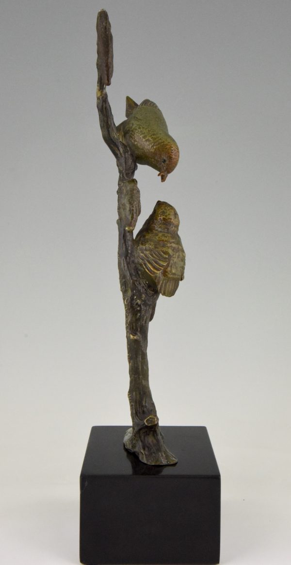 Sculpture en bronze Art Deco deux oiseaux sur une branche