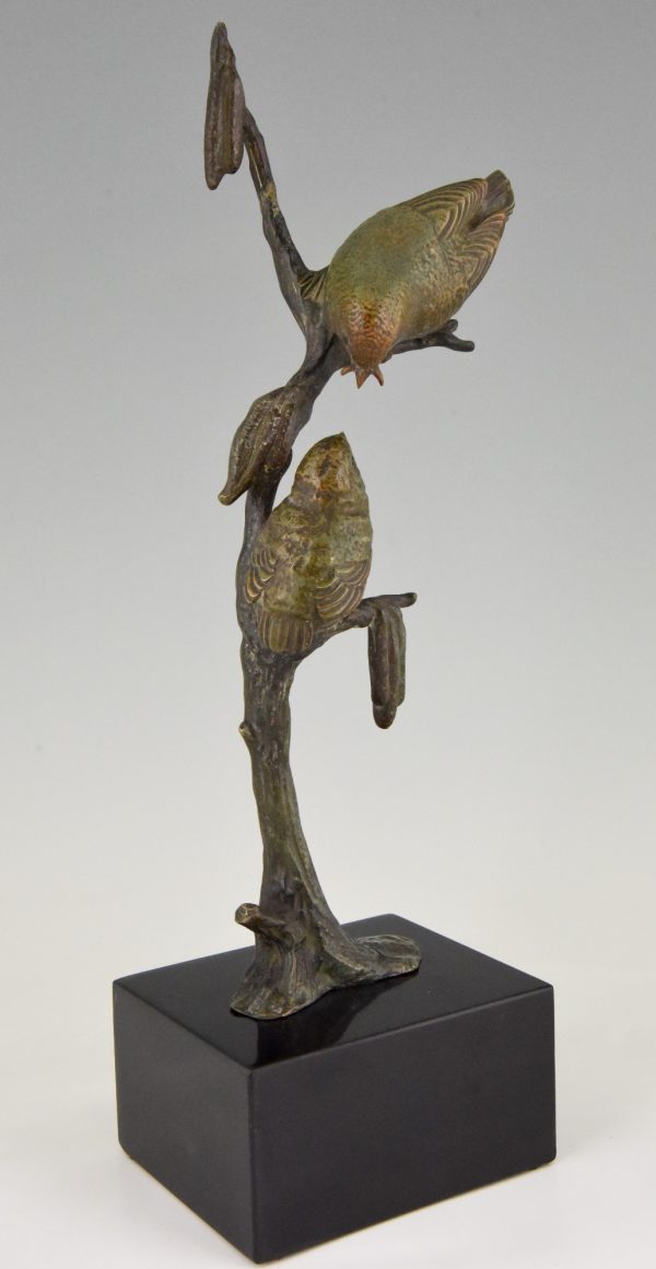 Art Deco bronzen sculptuur twee vogels op tak