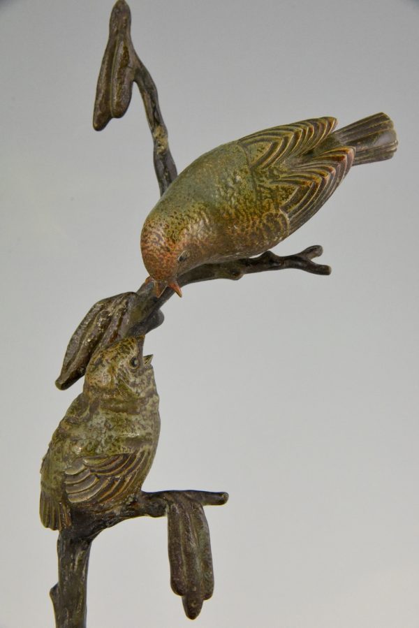 Sculpture en bronze Art Deco deux oiseaux sur une branche