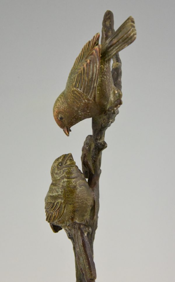 Sculpture en bronze Art Deco deux oiseaux sur une branche