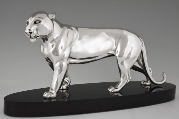 Art Deco silvered bronze sculpture of a panther.